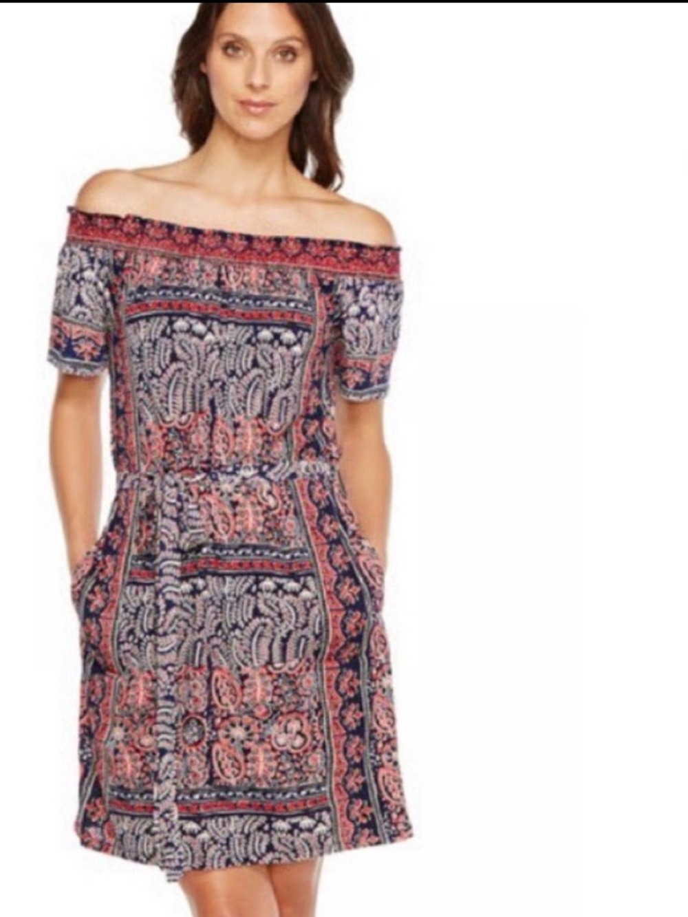 Lucky Brand Off The Shoulder Paisley Print Dress Bohemian Pockets Belt Sz XL NEW